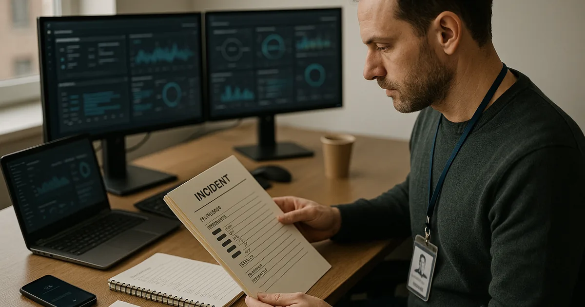 Security engineer at a workstation reviewing a printed incident timeline and blurred security dashboards.