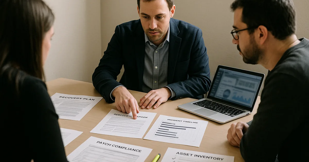 Consultant and staff at a conference table reviewing a printed recovery runbook, patch and asset reports, and a laptop with a blurred monitoring screen.