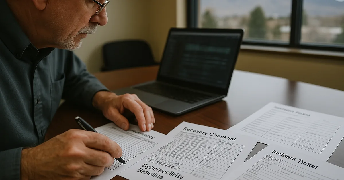 IT consultant at a Reno office reviewing printed asset inventory, a recovery checklist, and an incident ticket beside a laptop with a blurred monitoring screen.