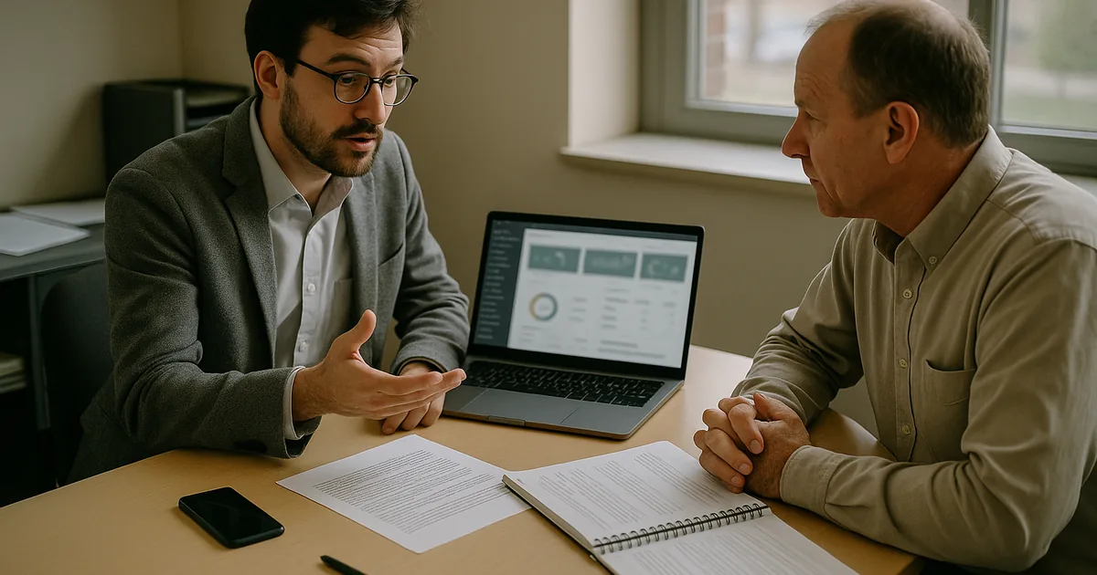 IT consultant and business manager reviewing an incident report and a recovery runbook at a small office table with a laptop showing a blurred monitoring dashboard.