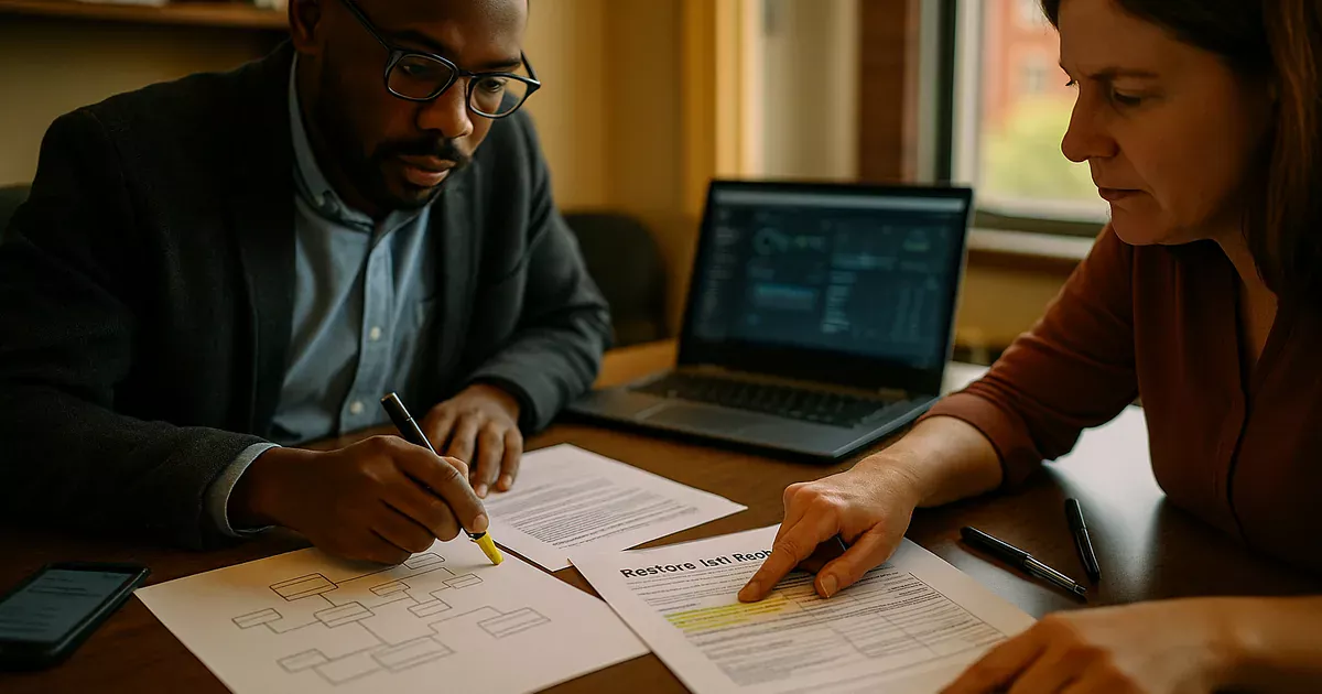 Consultant and office manager reviewing printed network maps and restore-test reports at a small Dayton business with a blurred monitoring dashboard on a laptop.