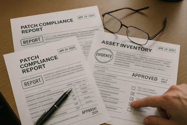 Close-up of printed patch, asset, and restore-test documents on a table with a hand pointing at checkboxes, text blurred for privacy.