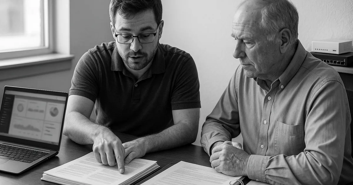 IT consultant and small-business owner reviewing printed operational documents with a laptop showing a blurred monitoring view and network devices in the background.