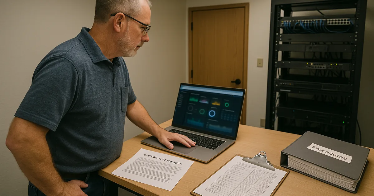 IT consultant reviewing a blurred monitoring dashboard and printed restore-test runbook on a work table in a small office IT area.