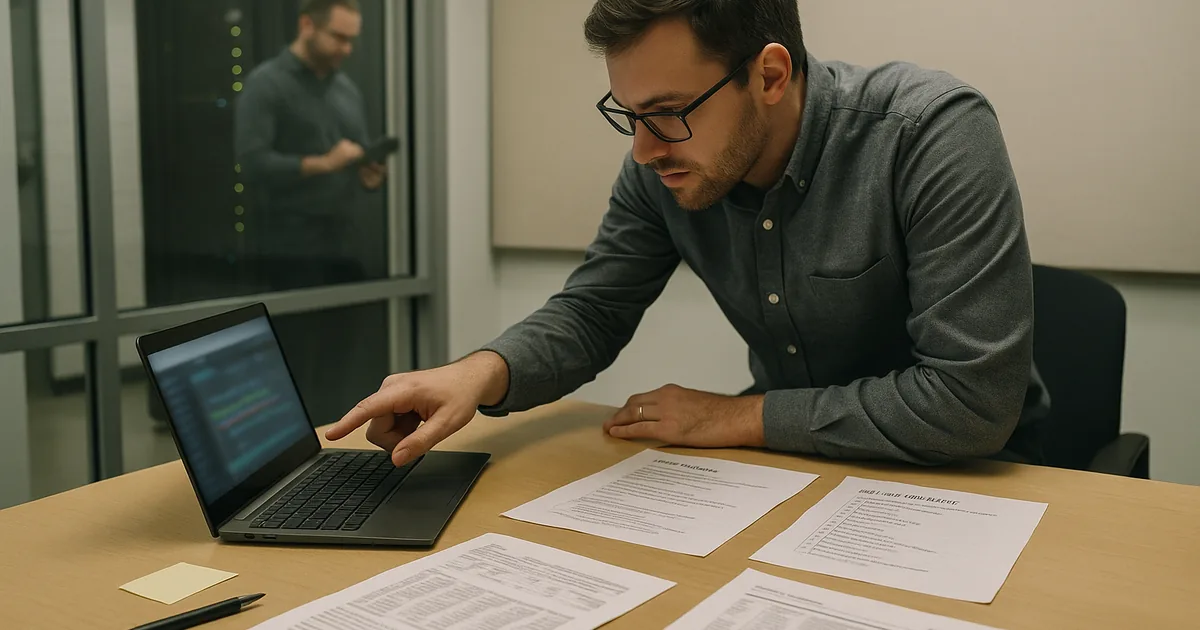 IT consultant reviewing printed runbooks and a restore-test checklist at a table with a blurred monitoring screen and server cabinet in the background.