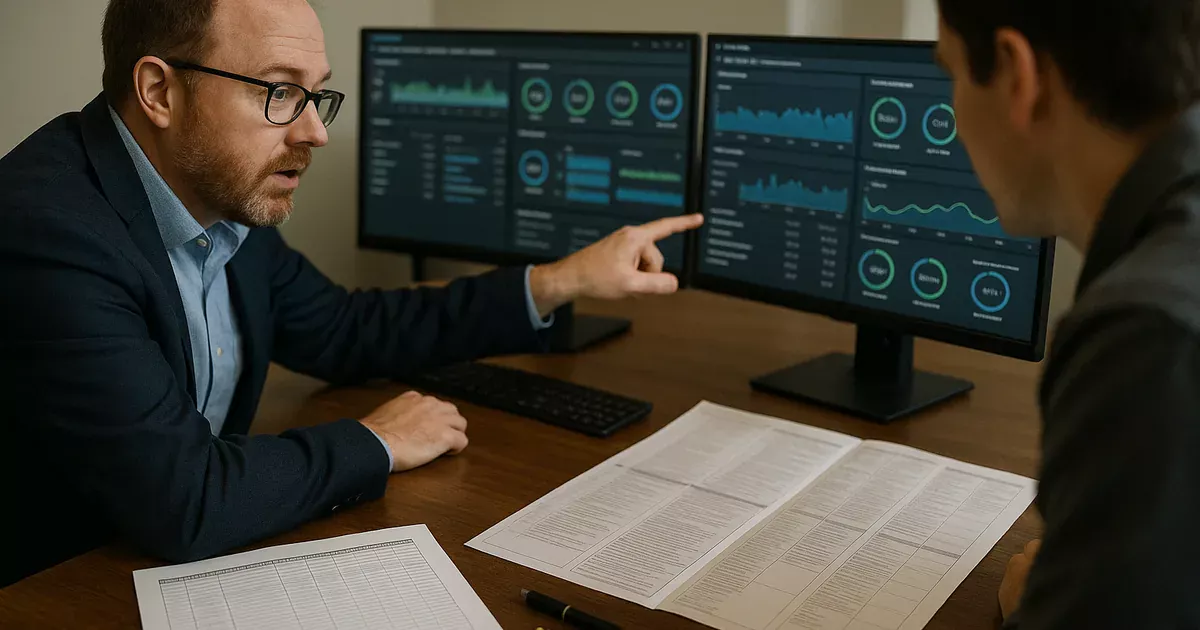 IT consultant at a workstation reviewing blurred monitoring dashboards with printed asset inventory and a runbook on the table.