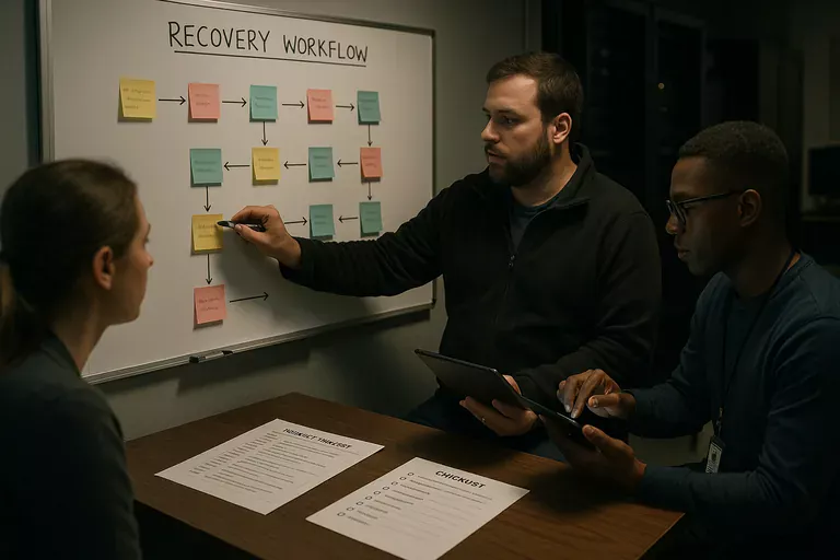 IT team reviewing a recovery sequence on a whiteboard with sticky notes while one person records the agreed steps on a tablet.