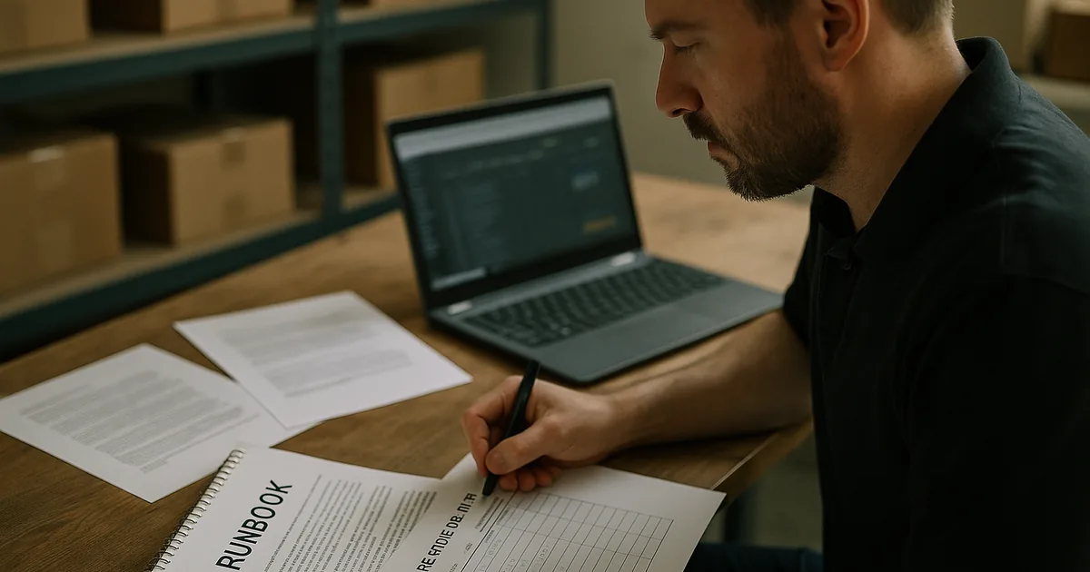 IT consultant reviewing printed restore-test reports and a handwritten runbook at a small distribution office desk, with a laptop and shipping boxes in the background.