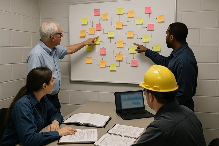 Engineers reviewing a production dependency map on a board with sticky notes and a runbook binder open on the table beside a laptop.