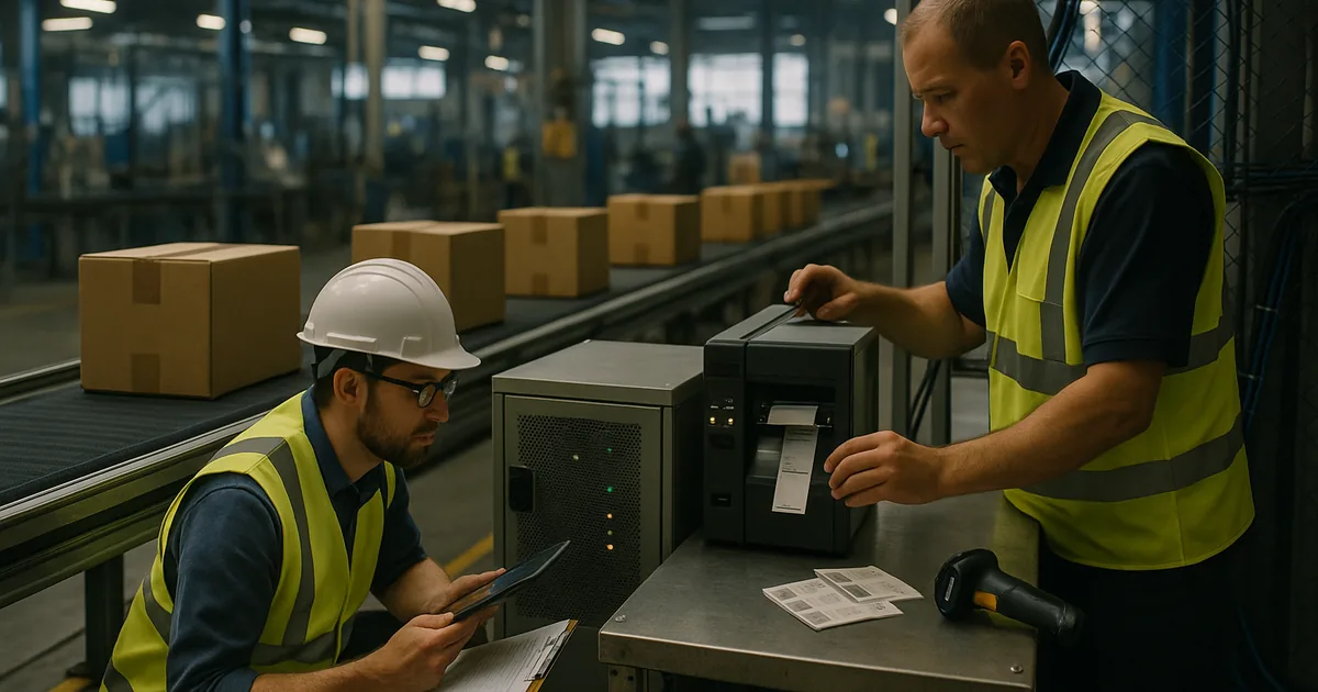 Technician with tablet and checklist inspecting a network cabinet while a stopped conveyor and label printer with printed shipping labels sit on the plant floor.