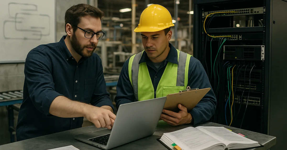 A technician and IT specialist run a hands-on restore validation near production equipment to prove critical systems can be brought back in the right order.