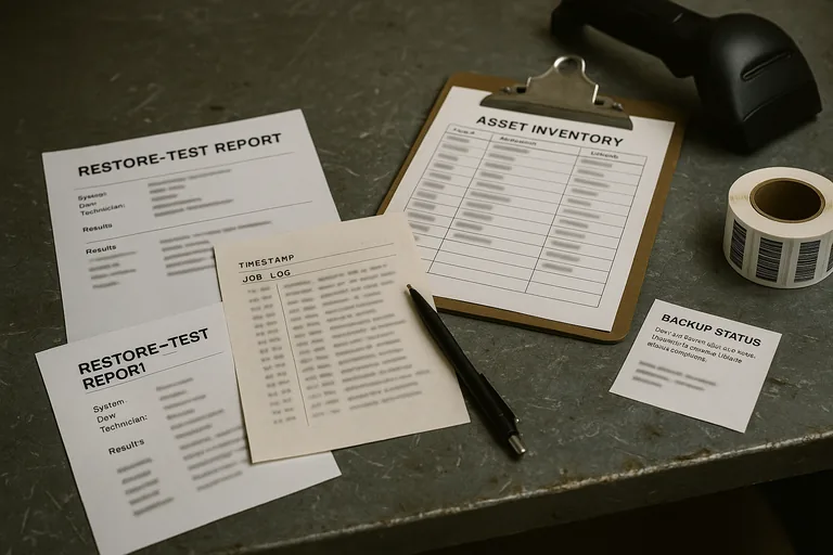 Close-up of printed restore-test report, asset inventory clipboard, and a timestamped job log on a workbench next to a barcode label roll.