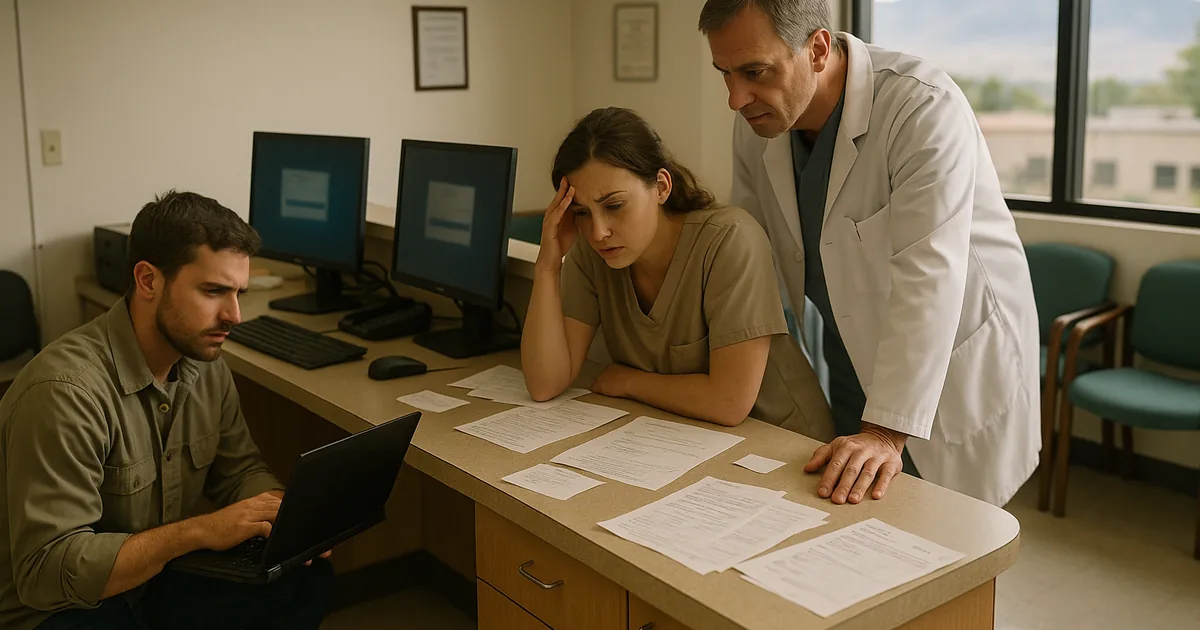 A front-desk lockout scene showing how daily IT friction can stop scheduling and intake, underscoring the need for remediation.