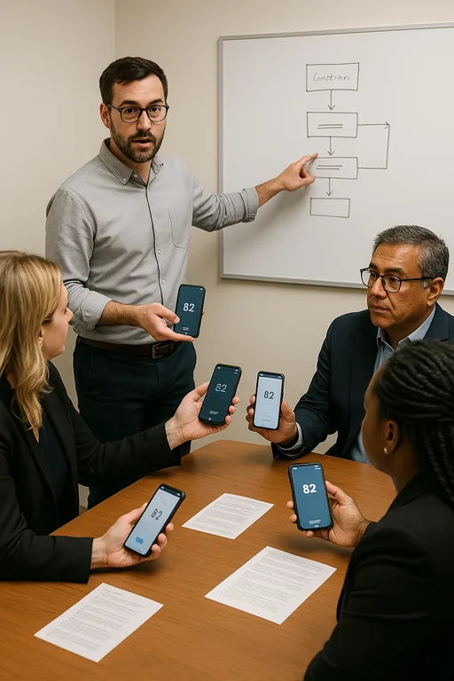 IT consultant demonstrates number-matching MFA to law firm staff using phones and quick-reference cards during a training session.