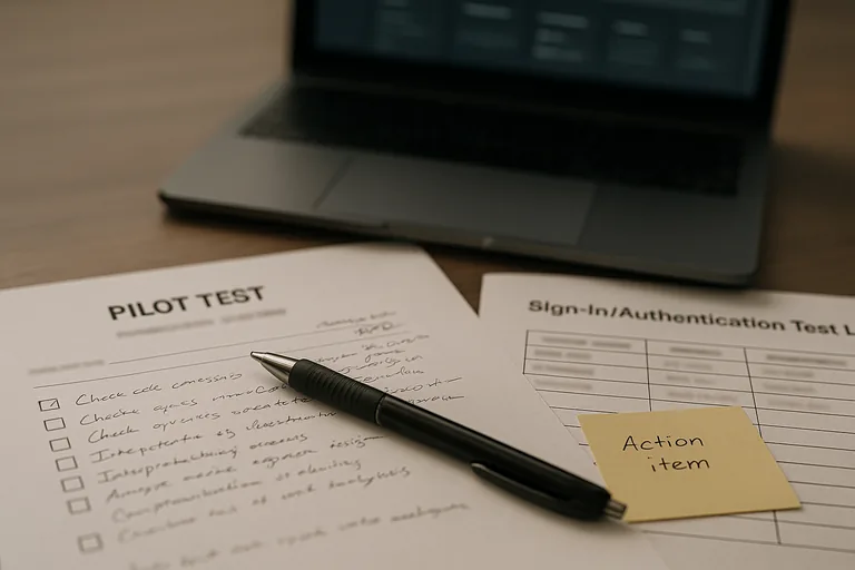 Close-up of an annotated pilot test report and validation checklist used to verify authentication, printing, and workflow tests before migration.