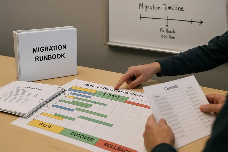 Migration runbook binder and a printed sequencing chart on a table with team members pointing at the defined rollback decision point.