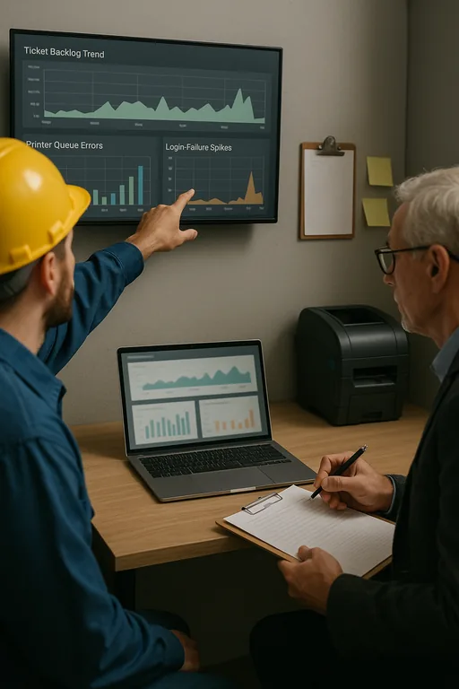 Technician and operations manager reviewing blurred monitoring charts showing ticket backlogs and printer queue spikes on a dashboard in a logistics office.