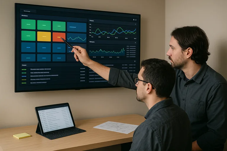 IT staff pointing at a monitoring dashboard showing status tiles and graphs during an operational review.