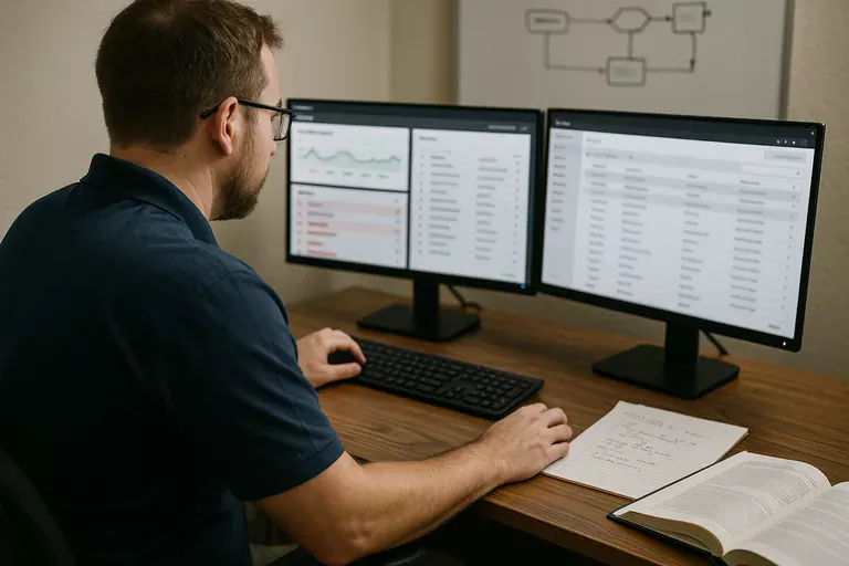 Engineer looking at a monitoring dashboard with blurred alert tiles and a runbook on a laptop nearby.