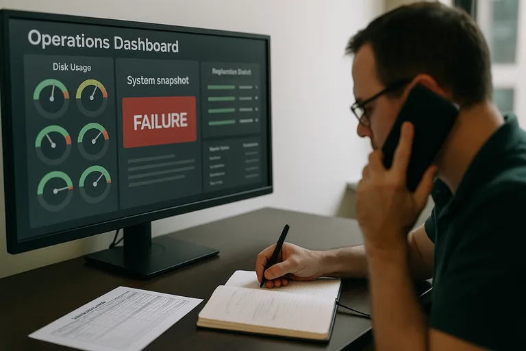 Workstation showing a monitoring dashboard with alerts while a technician documents the incident in a notebook, screen details blurred for privacy.