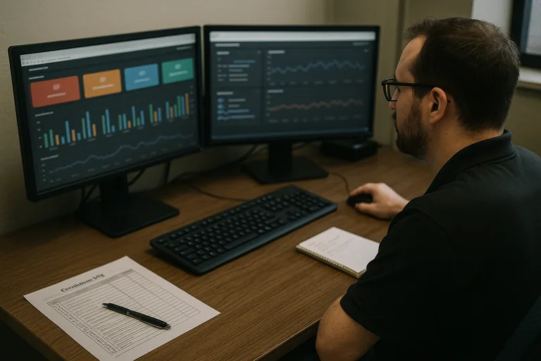Engineer reviewing a blurred monitoring dashboard on dual monitors with a printed escalation log and handwritten notes on the desk.
