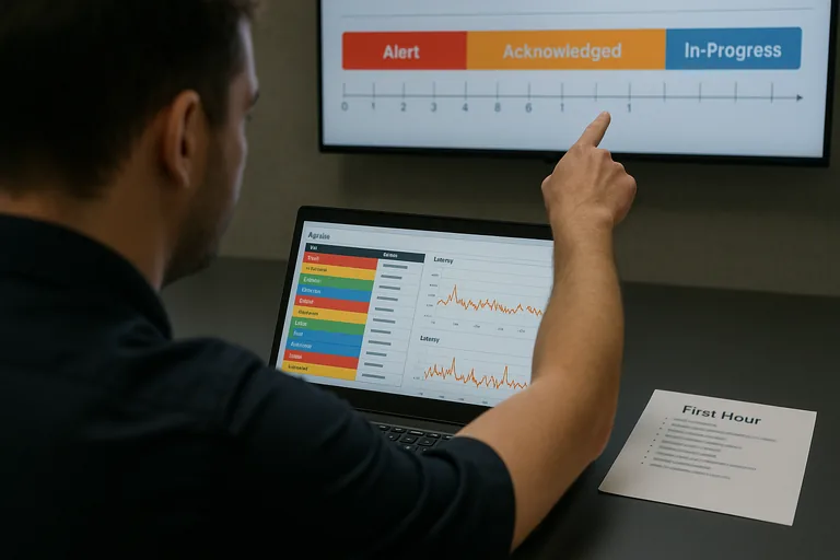 Technician reviewing a monitoring dashboard and escalation timeline showing color-coded alerts and response segments.