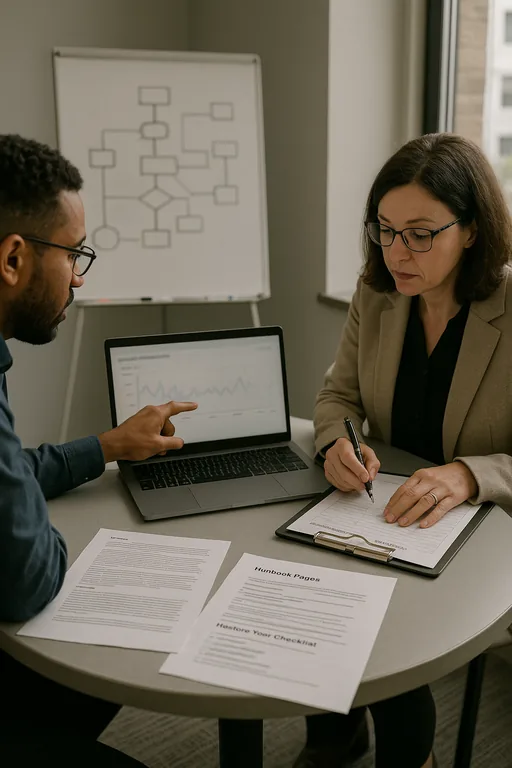 IT consultant and office manager reviewing a laptop dashboard, printed runbook pages, and a checklist in a small conference room.
