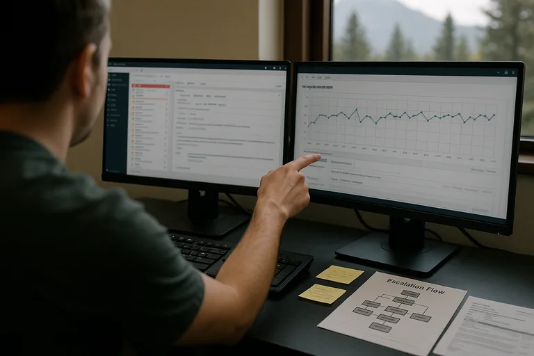 Technician reviewing a monitoring and ticketing dashboard on dual monitors with printed escalation notes nearby.