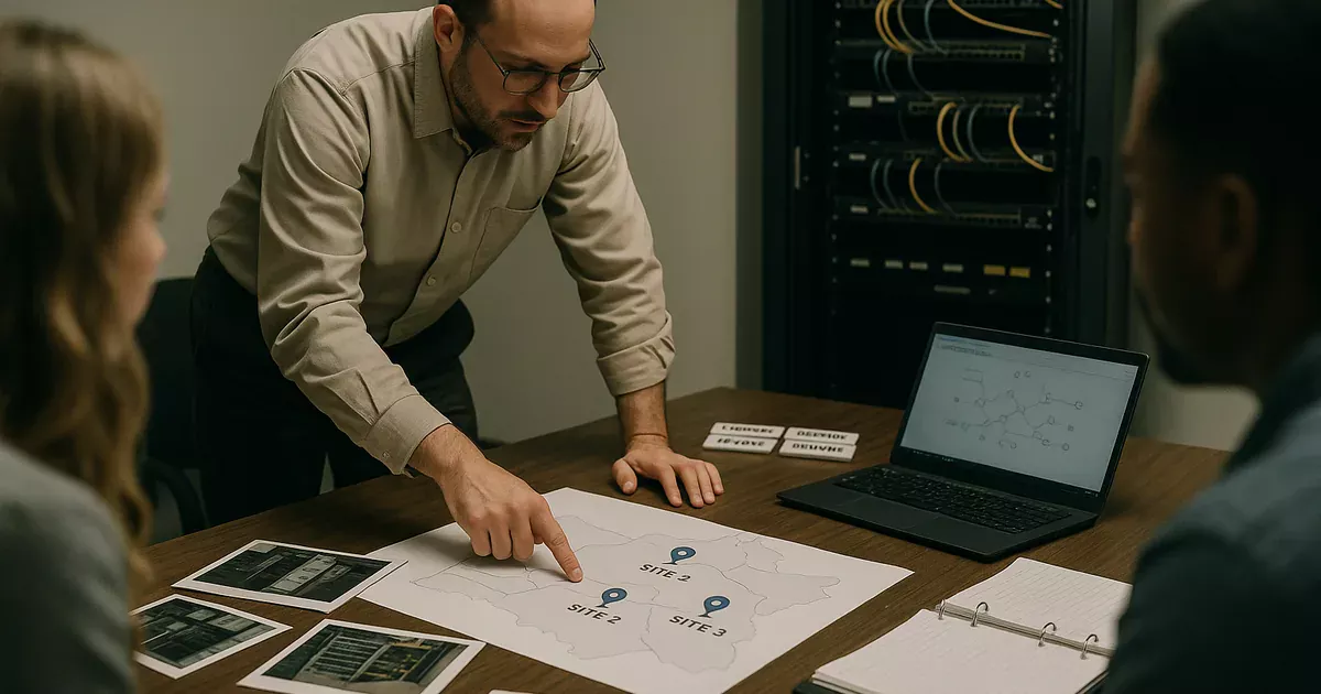 IT consultant reviewing a printed multi-site network map and runbook artifacts at a conference table, with a network cabinet visible in the background.