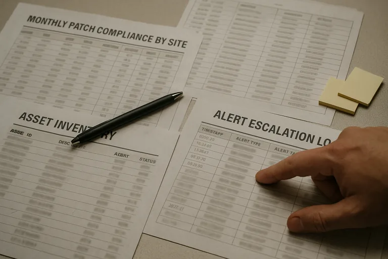 Close-up of printed patch compliance, asset inventory and escalation log documents with a technician pointing, text intentionally blurred.