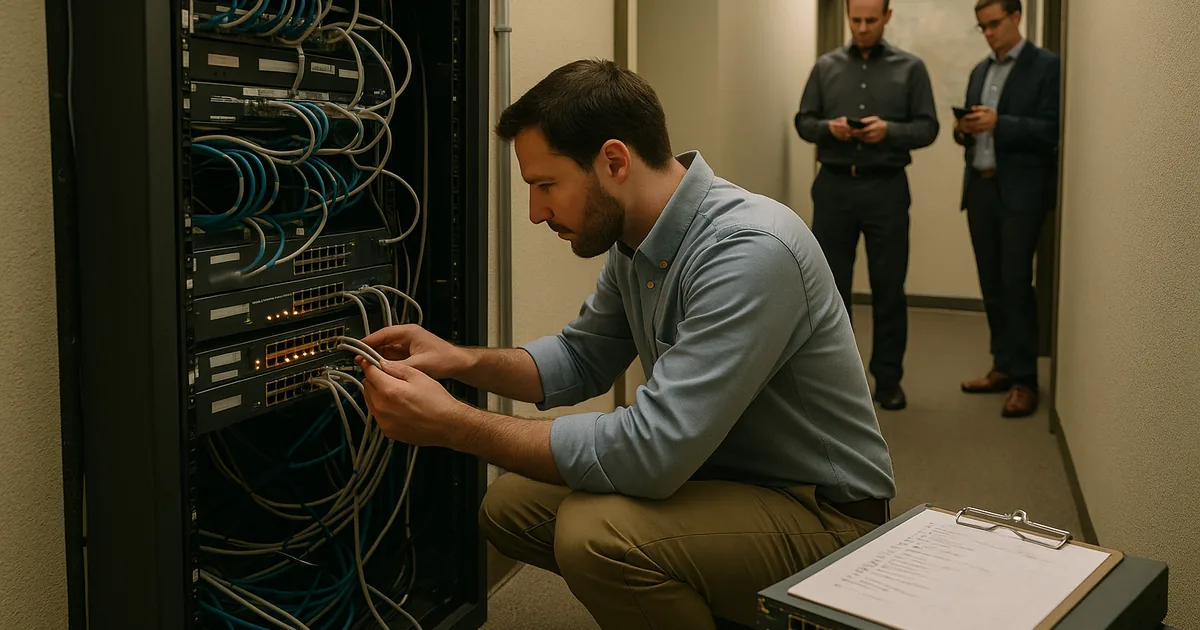 On-site inspection of a failed core switch shows the real-world conditions that turned deferred replacements into an operational outage.