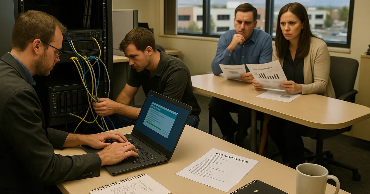 A real-time outage scene showing technicians, staff, and server hardware — illustrating how operational chaos can create audit and legal exposure.