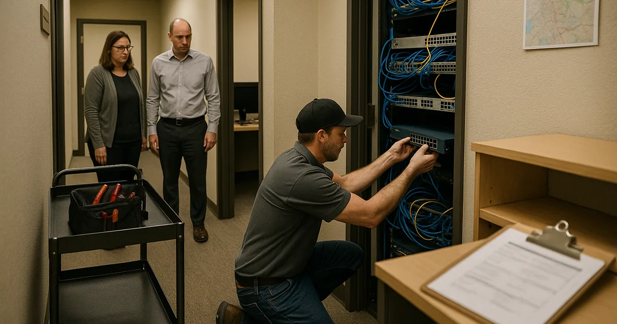 A hands-on remediation moment shows a failing switch being replaced to stop the repeated disruptions that caused the outage.