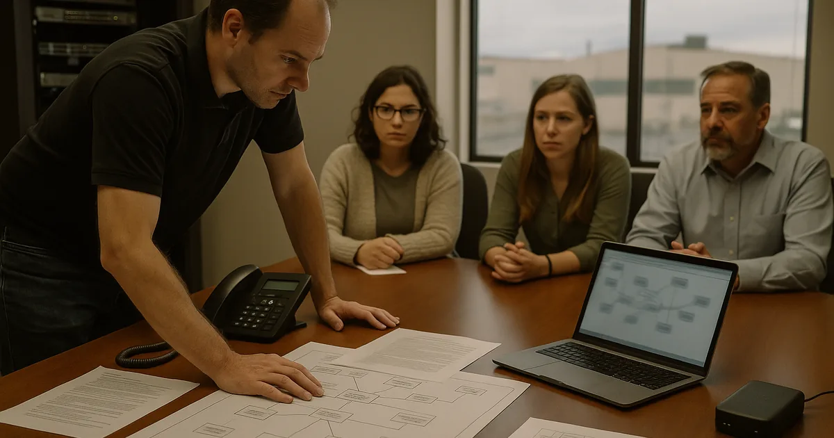 An on-site incident coordination scene showing a technician and staff using runbooks and diagrams to re-establish ownership and speed recovery.