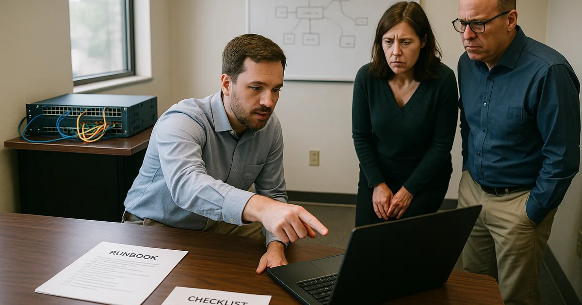 A coordinated on-site response with runbooks and a visible network switch demonstrates how practical procedures shorten downtime and support later audits.