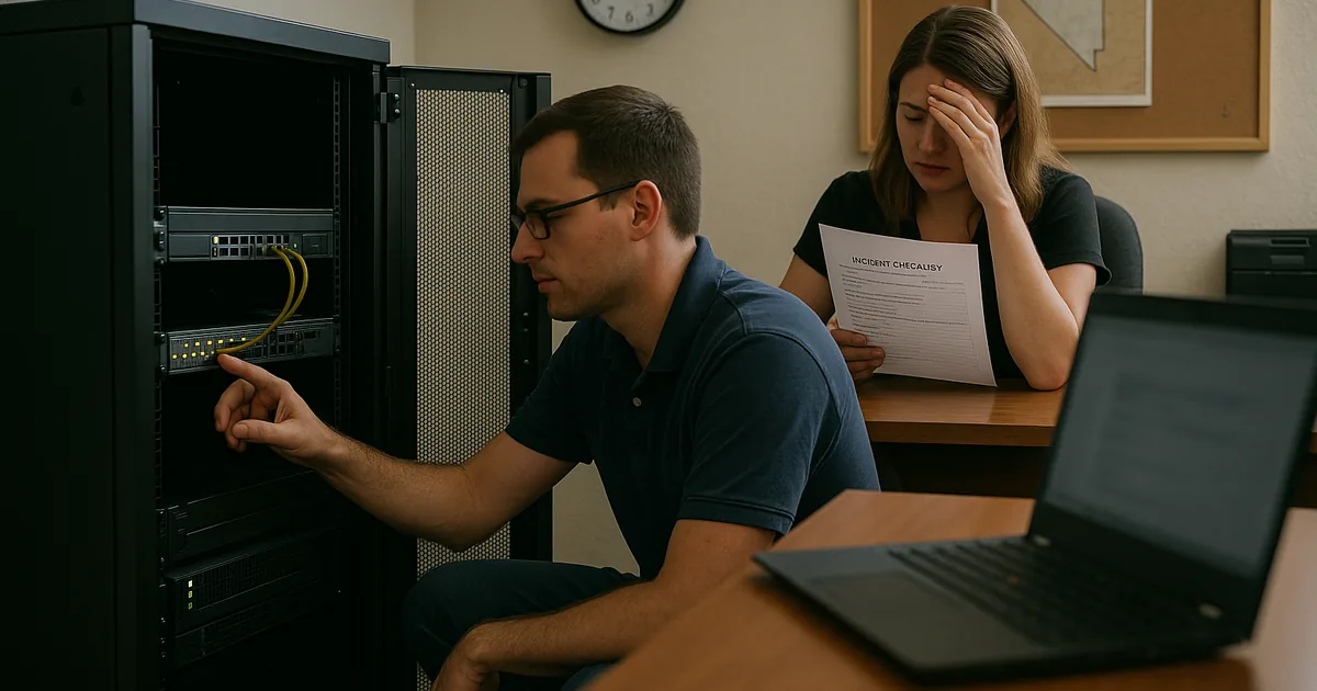 A technician diagnosing a server and switch failure while staff review incident notes to preserve evidence and restore access.