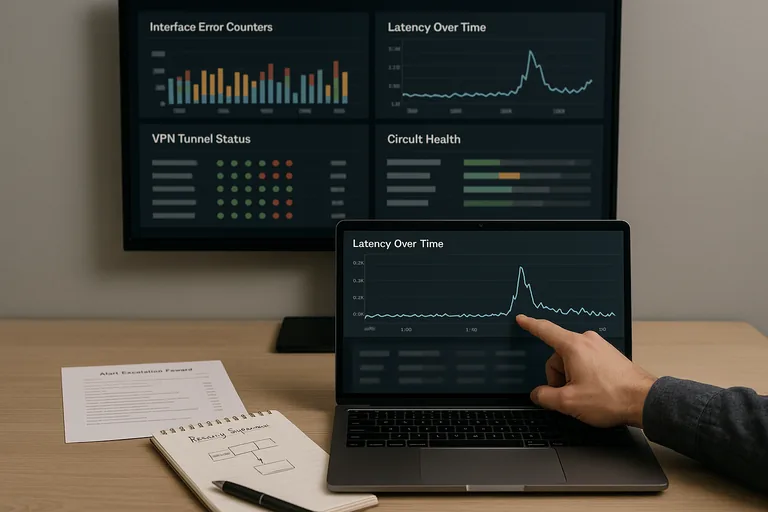 Engineer reviewing a network monitoring dashboard showing interface errors, latency spikes, VPN status, and a printed alert escalation record.