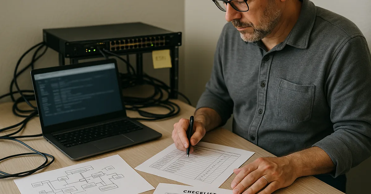 Technician reviewing printed network diagrams, inventory sheets, and a laptop with a blurred network console during a network infrastructure review.