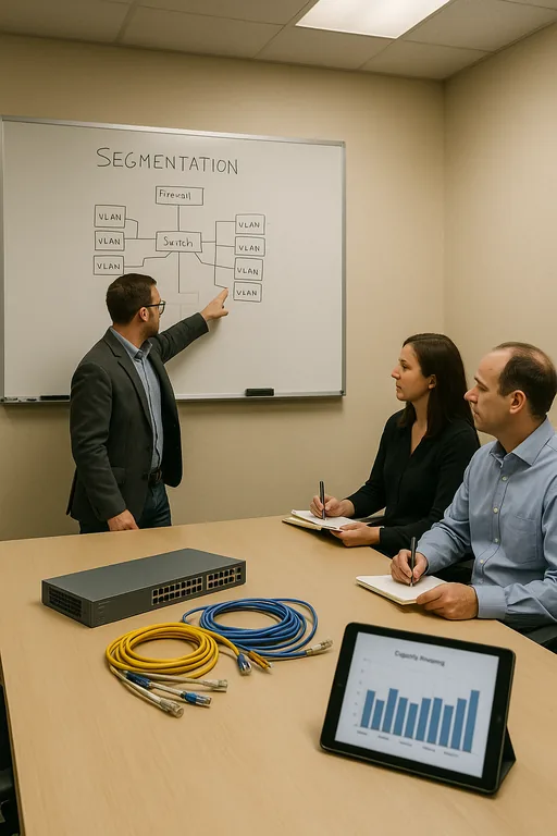 IT consultant pointing at a whiteboard network segmentation diagram while staff review capacity planning and patch cables on the table.