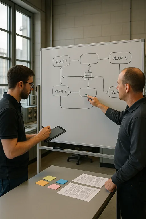 Two IT staff working at a whiteboard mapping network segmentation and runbook pages during a planning session in a plant control room.