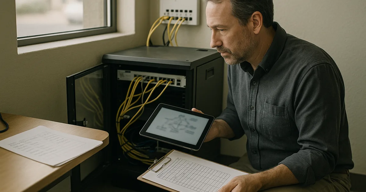 IT consultant reviewing a network cabinet and a printed runbook in a small-business office, with labeled patch cables and an asset checklist visible.