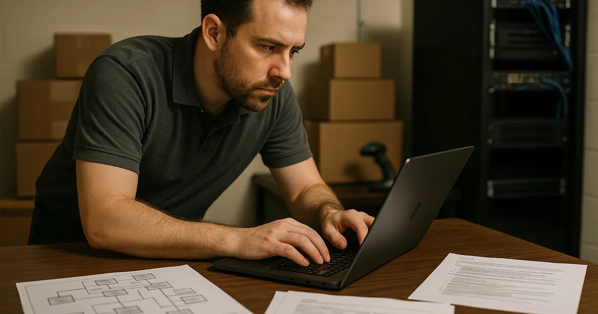 IT consultant reviewing network diagrams, a restore runbook and a laptop in a small distribution office while checking infrastructure equipment.