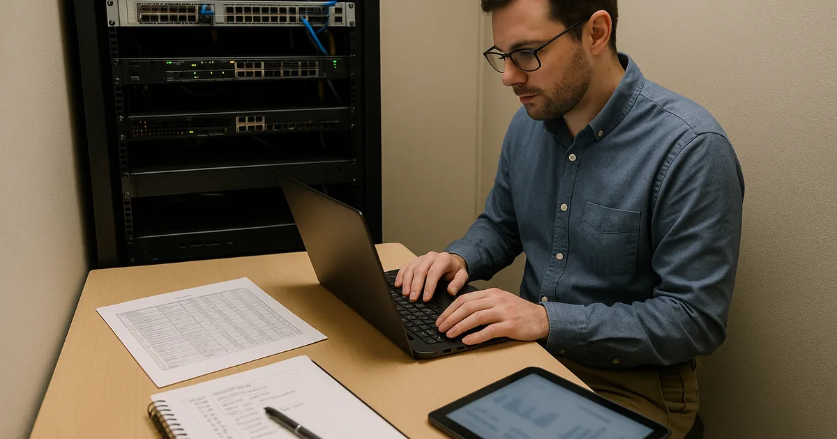 Technician reviewing a laptop and printed runbook beside a network rack during an infrastructure review.