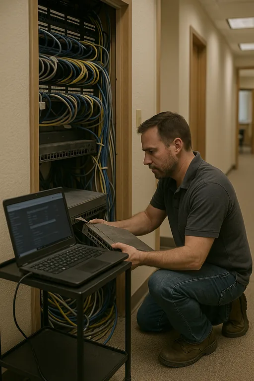 Technician replacing an aging network switch in a telecom closet inside a Reno-area financial office.