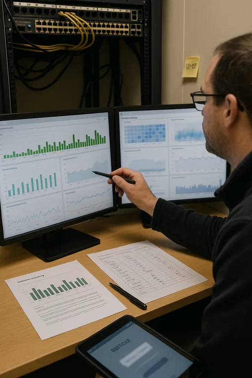 Engineer reviewing network utilization and capacity dashboards with printed reports and a checklist.