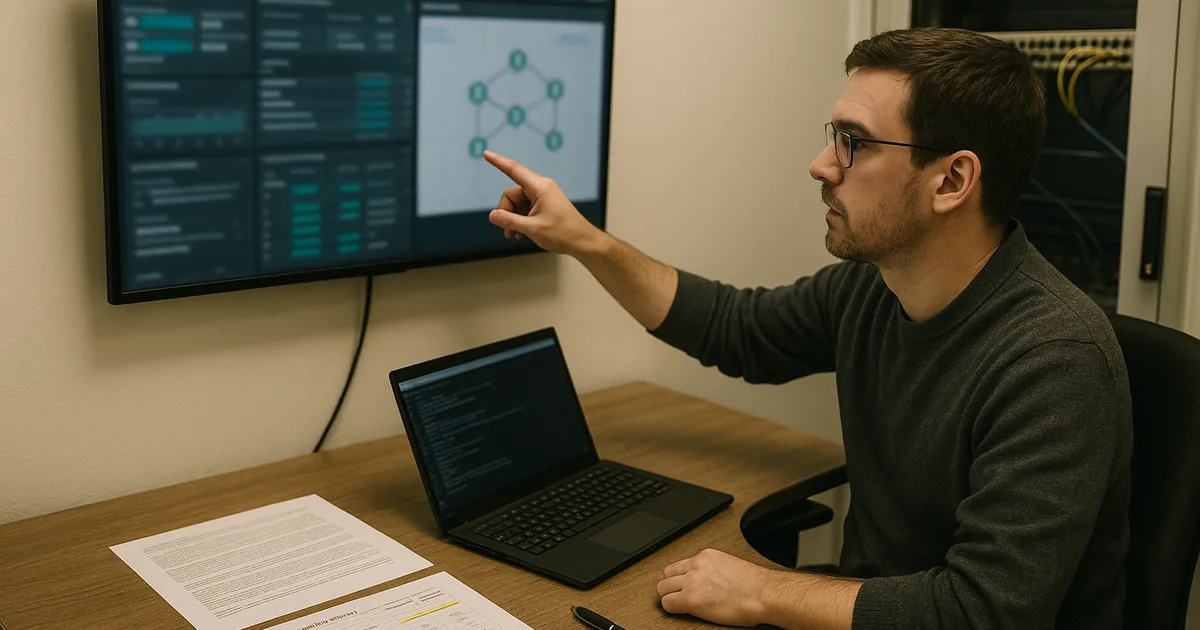 IT consultant reviewing a blurred monitoring dashboard with printed runbook and restore-test report on the desk, with a network rack visible behind glass.