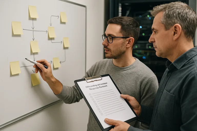 Two IT staff reviewing an offboarding and incident-response runbook on a whiteboard and clipboard in a technical workspace.