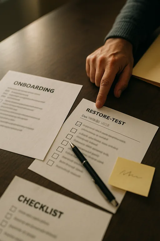 Close-up of an onboarding checklist and restore-test worksheet on a conference table with a technician pointing and a pen on a checked box.
