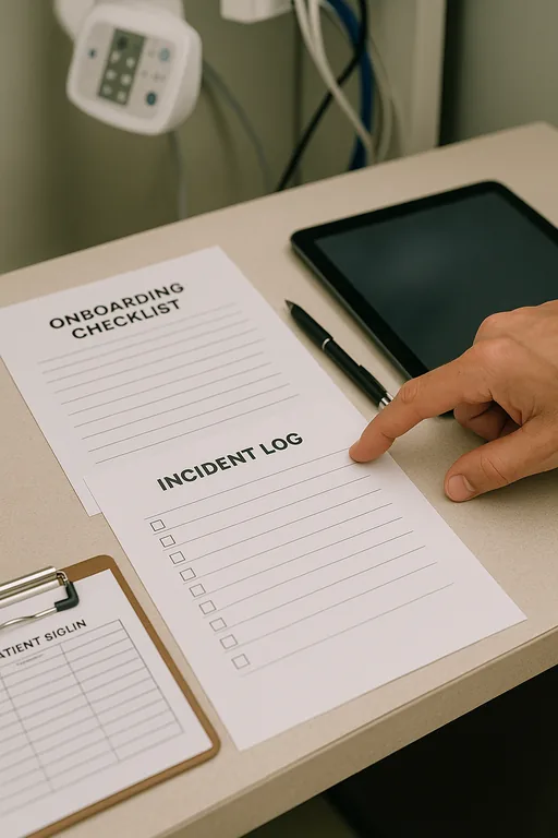 Printed onboarding checklist and incident log on a dental reception desk with a technician's hand pointing, used as evidence of testing and documentation.