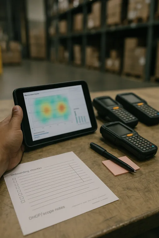 Printed onboarding checklist, a tablet with a blurred wireless heat map, and scanners on a warehouse workbench as evidence of capacity testing and validation.
